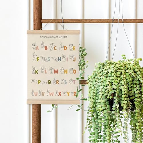 MAQIKA American Sign Language Alphabet Poster Framed with Wood Hanger, Boho Letters Educational Hanging Wall Decor, ASL Alphabet Canvas Wall Art Paints for Classroom Kids Room Bedroom, 12x16 Inch
