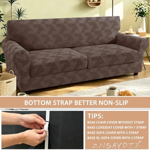ZNSAYOTX 3 Piece Stretch Couch Covers (72"-90") New-Rectangle Texture, Thick Sofa Covers for 2 Cushion Couch Universal Sofa Slip Cover with Elastic Bottom & Buckle, Washable Protector Brown