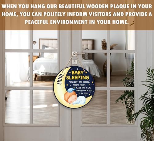 Shhh Baby Sleeping Hanging Sign, Moon Wooden Round Door Hanger For Baby Boy Room Front Door Nursery Kids Bedroom, Please Do Not Knock Or Ring Doorbell Sign For Outdoor Porch -03