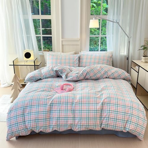 Classic Plaid Duvet Cover Queen Washed Cotton Vintage Bedding Set 3 Pieces