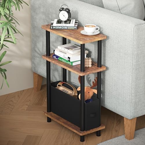 Apicizon Narrow Side Table with Fabric Basket, 3-Tier End Table,Brown Black