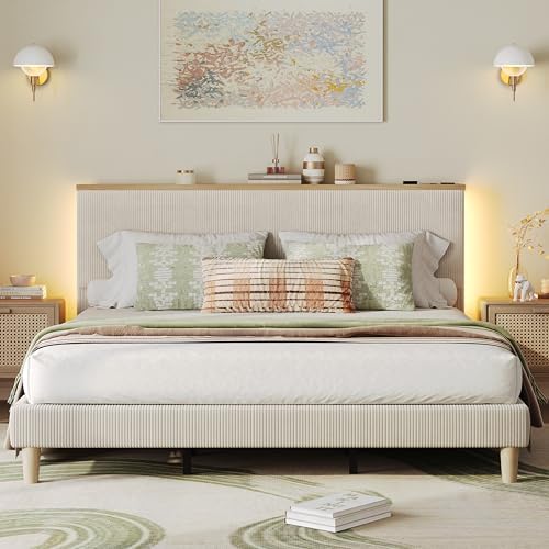Bestier King Bed Frame with Storage Headboard & LED, Upholstered, Beige