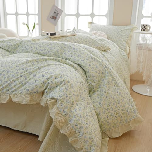 Ruffle Duvet Cover Queen Garden Style Lace Duvet Cover Soft Cotton Vintage Floral Blue Flower Bedding Set Romantic Ruffle Comforter Cover Princess Lace Bedding Botanical Comforter Cover Queen Size