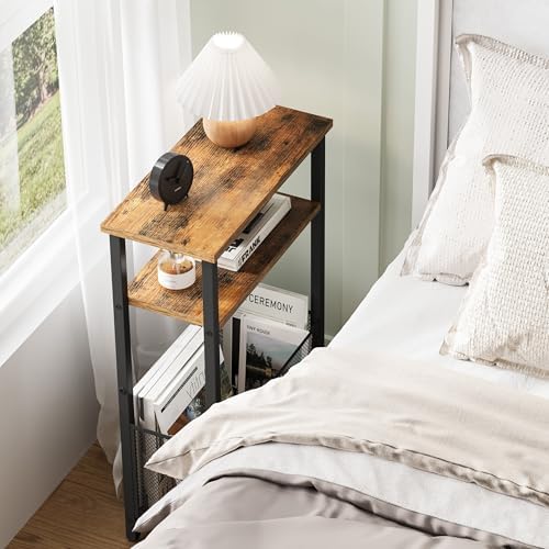 MMEOLUOOK Narrow Side Table with Storage Basket Skinny End Tables for Smalls Spaces 3 Tier Sofa Table Small Nightstand Slim Bedside Table for Living Room Bedroom Rustic Brown MLBZ22RB