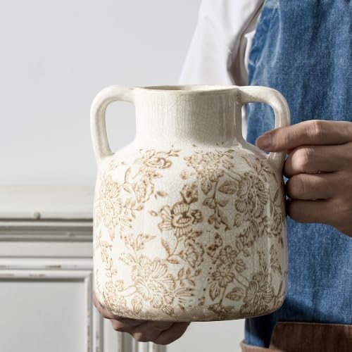 Vintage Flower Vase with Handles, Ceramic Utensil Holder, Decorative Vase Chinoiserie Decor Rustic Farmhouse Retro Floral Vases for Table Bookshelf Mantel Kitchen Living Room - 6.7” Brown 017
