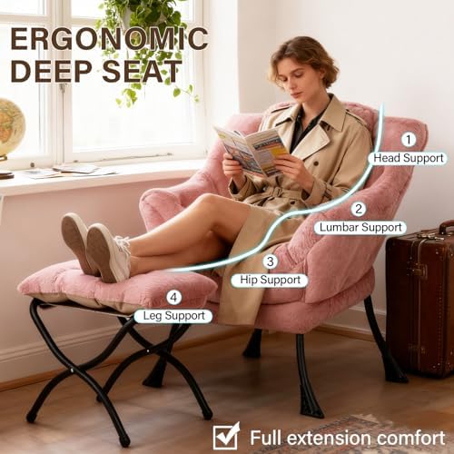 Welnow Lazy Chair with Ottoman, Reading Chair with Footrest, Dark Pink