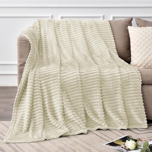 BEDELITE Ribbed Jacquard Beige Fleece Throw Blanket for Couch, 50x60 Inch