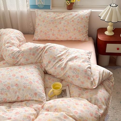 Floral Duvet Cover Set 3 Pcs,100% Cotton Double Gauze Twin Size Duvet Cover with 2 Pillowcases,Cute Orange Bedding Set for Teen Girls Women,Muslin Comforter Cover 68"×86"