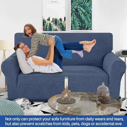 YEMYHOM Couch Cover Latest Jacquard Design High Stretch Sofa Covers for 2 Cushion Couch, Pet Dog Cat Proof Loveseat Slipcover Non Slip Elastic Furniture Protector (Medium, Begonia Leaf Navy)