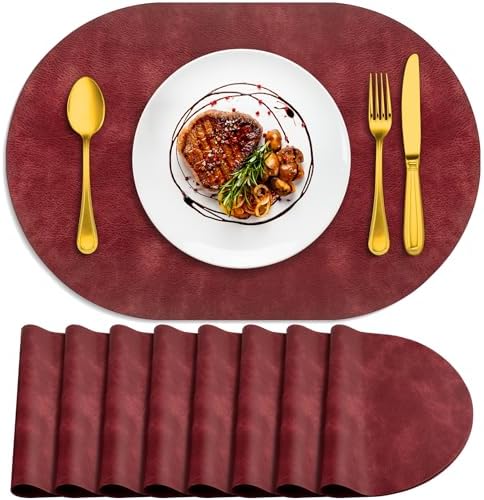 ADRIMER Oval Placemats Set of 8, Wipeable Faux Leather, Wine Red
