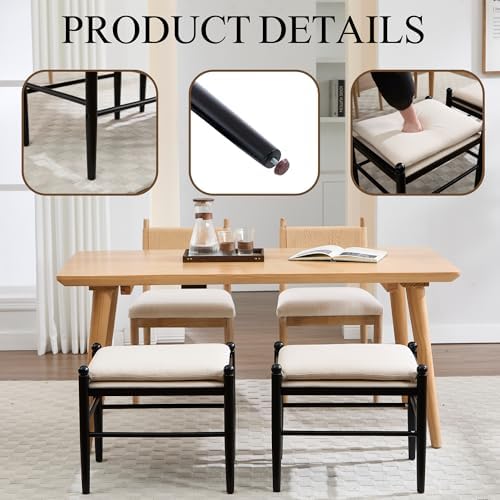 Ottoman Footrest Set of 2, 19 Inch Upholstered Vanity Bench Seat, Backless Makeup Stool with Solid Wood Legs for Dining Room/Bedroom/Living Room/Entryway,Black Frame, White Linen
