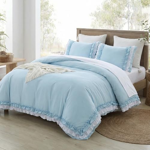 Bedrom Light Blue Duvet Cover Twin Ruffled Bedding Set Elegant Ruffle Lace Bedroom Decor Shabby Chic Farmhouse Style Blue Boho Duvet Cover Set