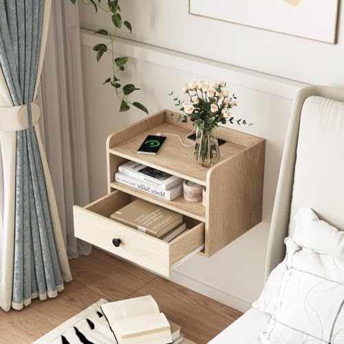 Floating Nightstand Set of 2 Modern Night Stands with Drawer and Open Shelf