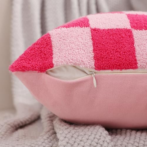 Alysheer Checkered Embroidered Throw Pillow Covers 18"x 18" 2pc Hot Pink