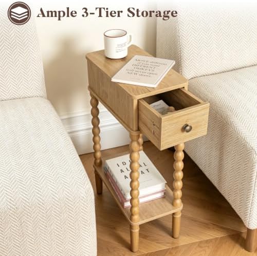 Fultyle Narrow End Table, Slim Small Side Table with Drawer and Open Shelf
