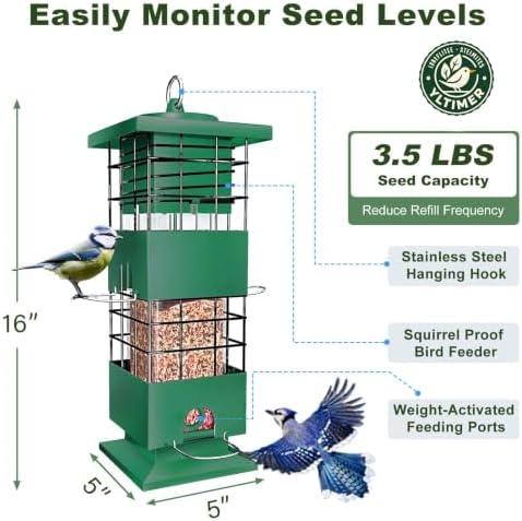 Squirrel Proof Bird Feeder,3.5Lb,4 Ports,Weight Activated,Easy Refill