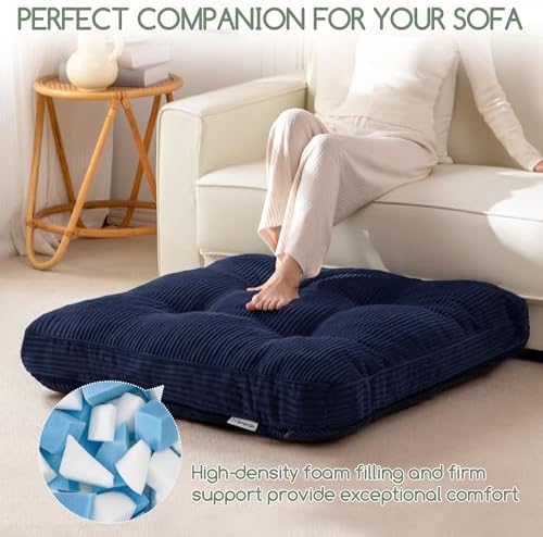 HIGOGOGO 35" Floor Pillow Cushion for Adults, Meditation Cushion Pillow, Extra Large Square Floor Sitting, Tufted Corduroy Cover for Tatami Living Room or Yoga, Navy