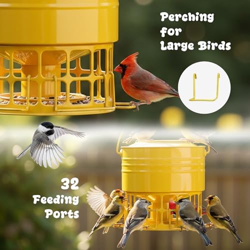KOL Large Bird Feeder for Outdoors, 10LB Capacity Squirrel Proof Metal Feeder with 32 Feeding Ports & 3 Perches, Easy-Clean Hanging Birdfeeder for Cardinals, Bluebirds, Finches (Earthy Yellow)