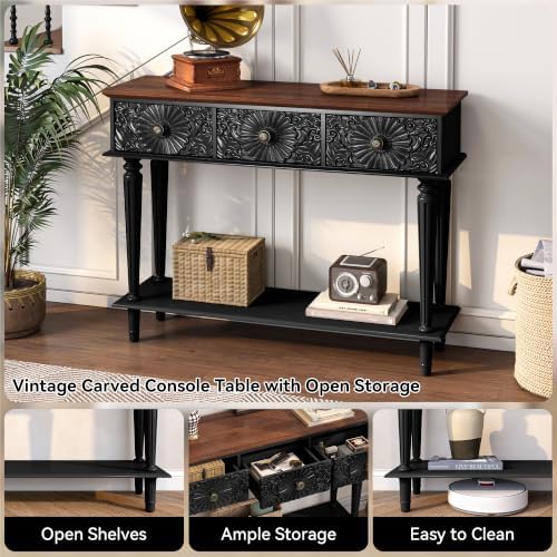 Vintage Console Table with 3 Embossed Floral Drawers for Entryway