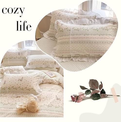 Cute Rabbits White Ruffle Duvet Cover Full Size Reversible Green Plaid Comforter Cover with 2 Pillowcases 100% Cotton Garden Girls Bedding Set with Zipper Closure, Full 80 * 90”