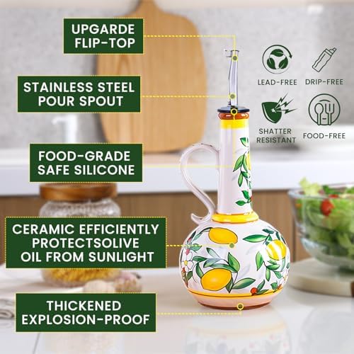 Ceramic Olive Oil Dispenser Bottle – 18.3 oz Oil Cruet with Spout and Handle, Lemon Pattern, 10.2” Tall – Non-Drip Pourer for Kitchen Counter, Salad Dressing, Vinegar, Decorative Oil Container
