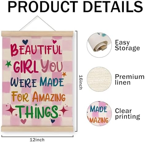 MAQIKA Inspirational Girls Room Poster Framed with Wood Hanger, Pink Girl Nursery Hanging Wall Decor, Motivational Canvas Wall Art Paints for Kids Toddler Girl Nursery Room Bedroom, 12x16 Inch