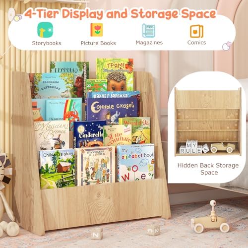 Costzon 4-Tier Kids Bookshelf, Front Facing Children Bookcase with Deep Compartments, Magazine Storage Rack for Kids Bedroom, Playroom, Nursery, Classroom, Kindergarten (Natural)