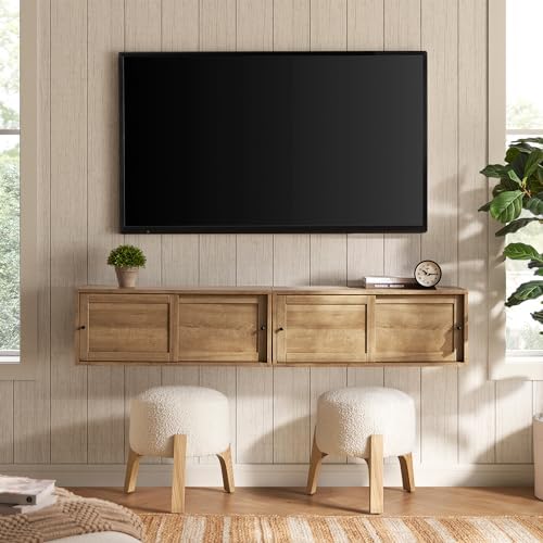 mopio Lauren Floating TV Shelf, Multi-Purpose Modular Under TV Display Shelf, Wall Mounted Wood Television Cabinet, Nightstand, Side Table, End Table, Bedside Shelves for Bedroom (Oak, 62", Twin)