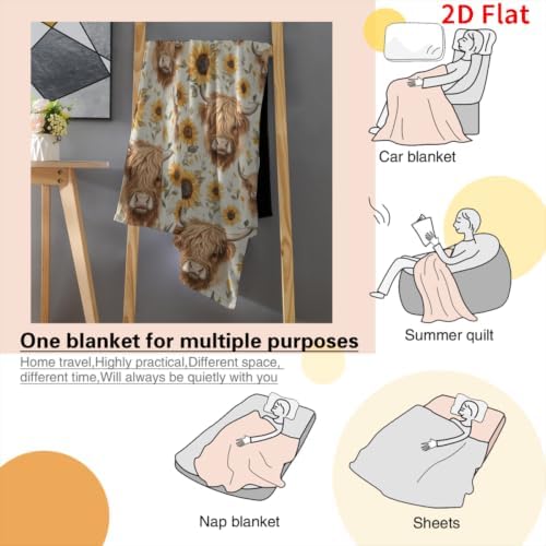 Sunflower Highland Cow Blanket 40"x50", Soft Lightweight Throw Blanket for Kids Teens Adults, All Season Cozy Decorative Blanket for Sofa Bed Couch Travel