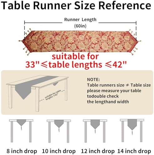 Luxury Vintage Design Table Runner 60 inches Long Embroidery Jacquard Fabric with Multi-Tassels Table Runners for Dining Room Dresser Christmas Thanksgivi Party Fireplace Decorations (Red, 12X60inch)