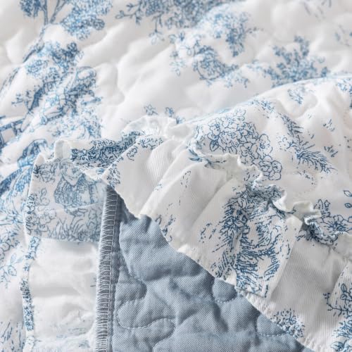 Brandream Blue Toile Quilted Throw Blanket 47" x 60" Cozy Cotton Decorative Blanket French Country Cottage Floral Quilt Throw for Bed Couch Sofa Daybed All-Season Coverlet