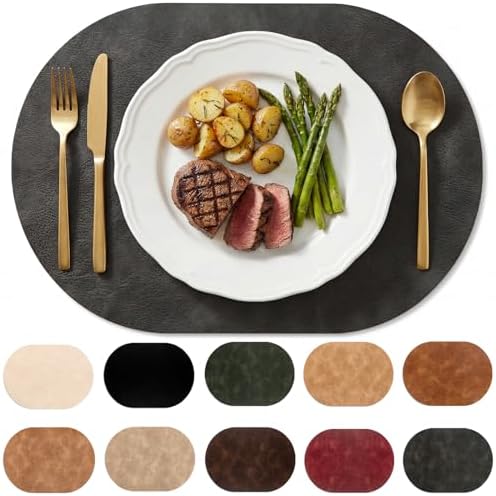 Oval Placemats Set of 4, Wipeable Faux Leather, Dark Grey