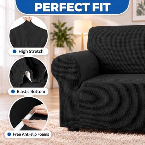 KEKUOU Stretch Loveseat Couch Cover, 2 Cushion Couch Slipcover,Black