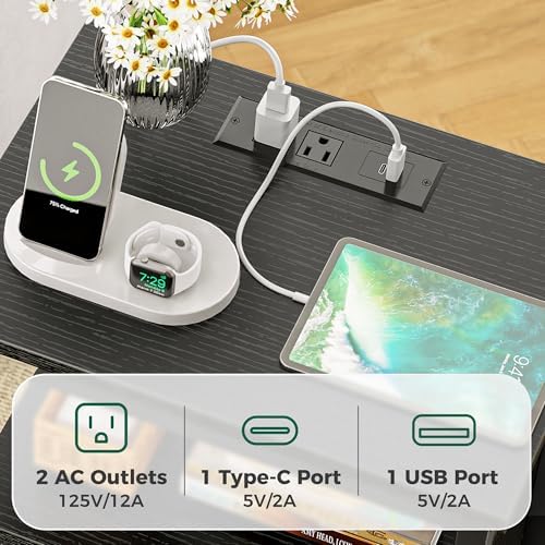 Huuger Nightstand with Charging Station, Side Table with Fabric Drawers