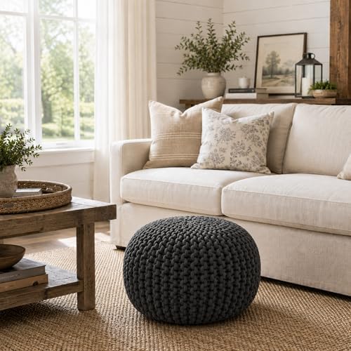 Casafield Round Pouf Ottoman, Black - 20" Diameter x 14.5" High Cotton Knit Foot Stool - Boho Floor Pouffe for Living Room, Bedroom, Home Office