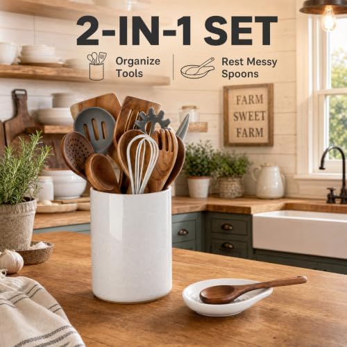 Ceramic Utensil Holder with Spoon Rest for Kitchen Counter, 6.4'' White