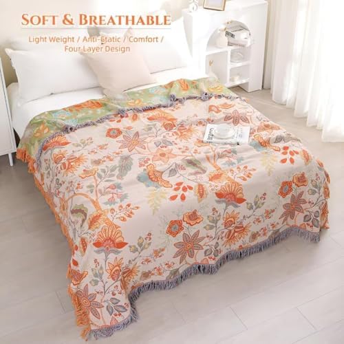 Boho Throw Blanket for Bed 100% Cotton Bohemian Blankets Ultra Soft Woven Muslin Decorative Blankets All Seasons Vintage Quilt Knitted Blanket for Sofa Chair(Orange, 90"x98")