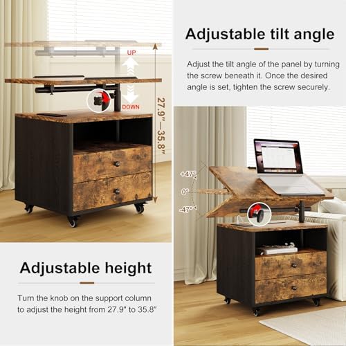 Bedroom Nightstand with Drawers & Charging Station, Adjustable Height Bedside Table with Wheels, Wooden Small Sofa Side Tables with Storage for Living Room, Rustic Brown