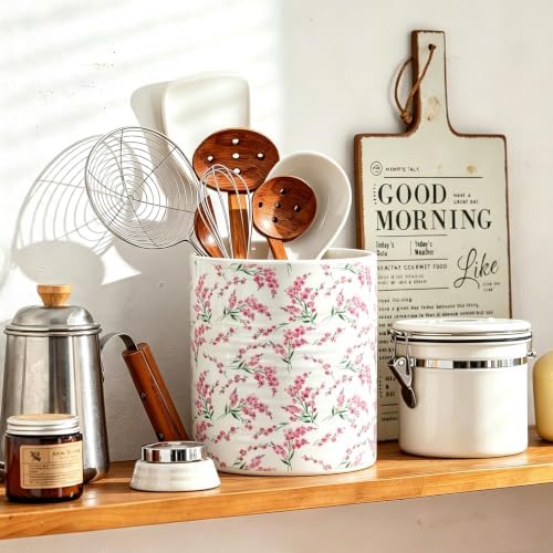 Kitchen Utensil Holder,7.2-inch Extra Large Sturdy Ceramic Cherry Floral Pattern Utensil Crock,Cooking Utensil Organizer for Kitchen Counter Decor,Storage Caddy Farmhouse Gift Pink Blossom