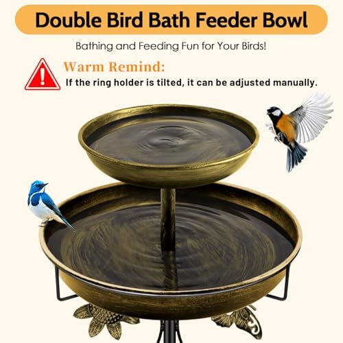 Daoeny Bird Bath for Outside, 42In Vintage Freestanding Birdbaths for Outdoors, Double Metal Bird Bath Feeder Bowls for Garden Patio Yard Lawn Decor, Upgraded 5-Pronged Base (Antique Golden)