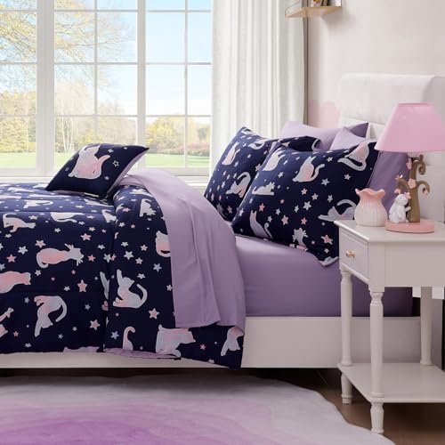 Full Size Comforter Sets for Girls-4 Pieces Cat Glow in the Dark Bedding