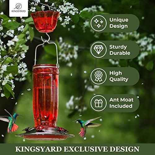 Kingsyard 2 Pack Glass Hummingbird Feeder for Outdoors, 16 Oz Wild Bird Feeder with 6 Feeding Ports Hanging for Garden Yard, Red (Ant Moat Included)