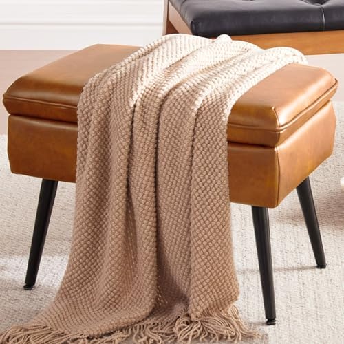 Square Storage Ottoman Upholstered Vanity Accent Stool Cognac Brown