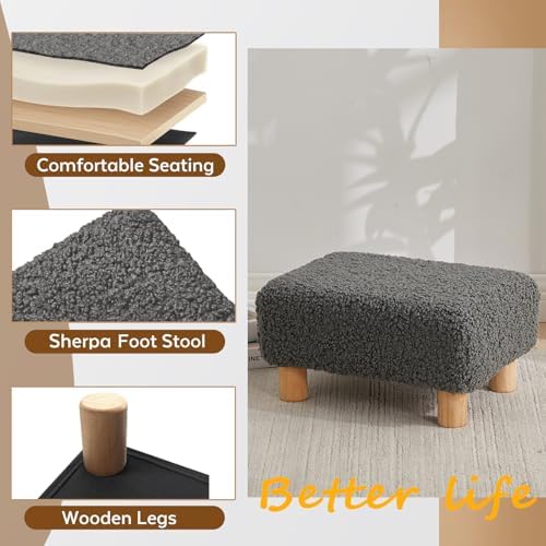Small Foot Stool Ottoman, Sherpa Footstool Ottoman Foot Rest for Couch, Rectangle Footstools and Ottomans Small for Living Room, Entryway and Bedroom (Gray)