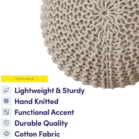Pouf Ottoman Foot Rest Stuffed – 20” Diameter x 14” Tall Cozy Floor Pouf for Living Room, Bedroom, Nursery & More – 100% Cotton Knit Shell, EPS Bead Filled Footrest & Accent Chair, Beige