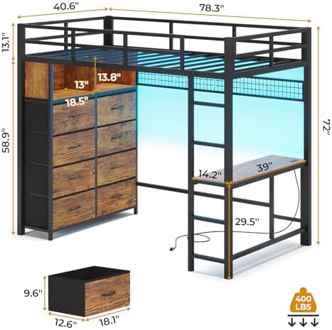 ADORNEVE Twin Size Loft Bed with Desk and 8 Storage Drawers, Rustic Brown