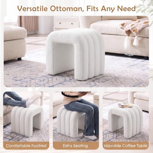 White Teddy Fleece Ottoman Stool Set of 2, Backless Vanity Stool