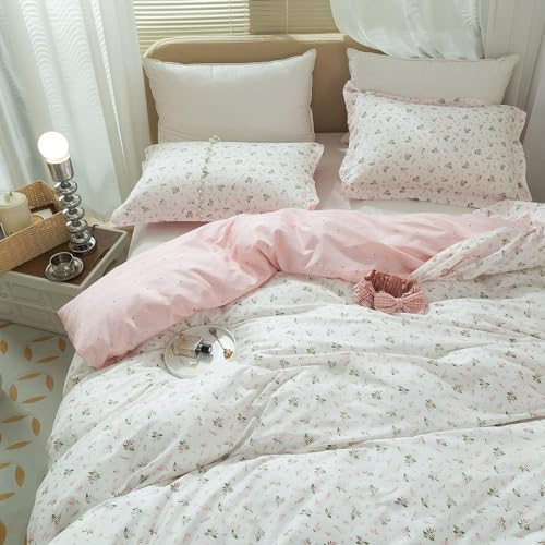 mixinni Floral Duvet Cover Twin XL Size for Teenage Girls Flowers and Leaves Printed on Soft Cotton White/Pink Bedding Duvet Cover with Two Matching Pillowcases-Twin XL Size