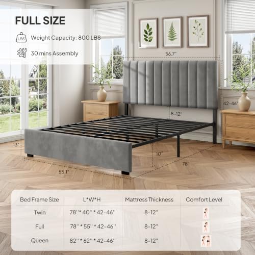 Welzona Full Size Velvet Upholstered Bed Frame with Tufted Headboard, Grey