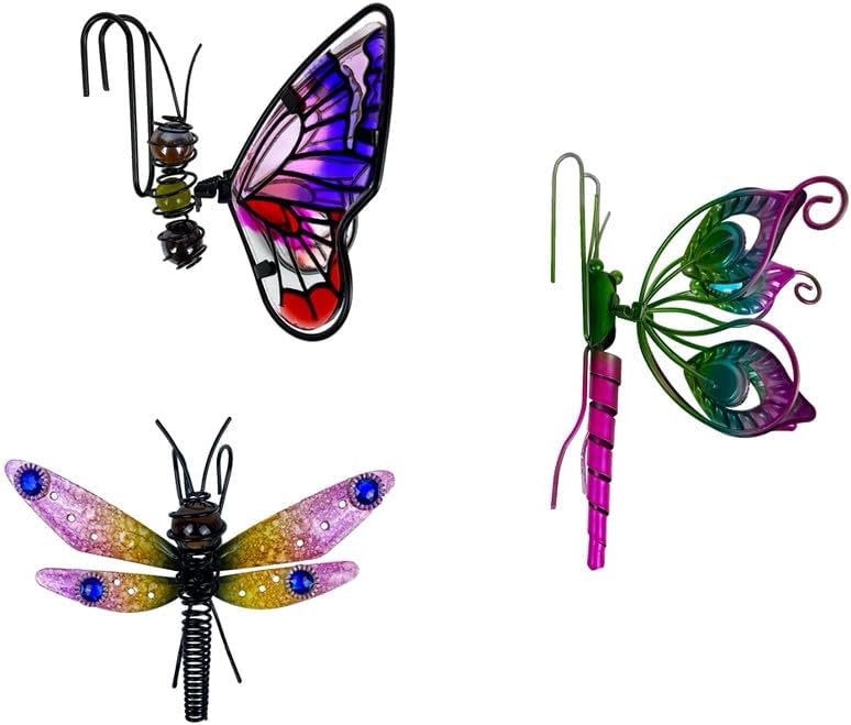 3 Pcs Butterfly & Dragonfly Mix Decorations for Flower Pots - Iron Painted Hanging Ornaments, Plant Pot Potted Hanger Figurines, Outdoor Garden Pendant Decor